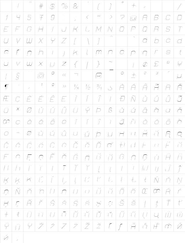 Lastwaerk thin Oblique Character Map