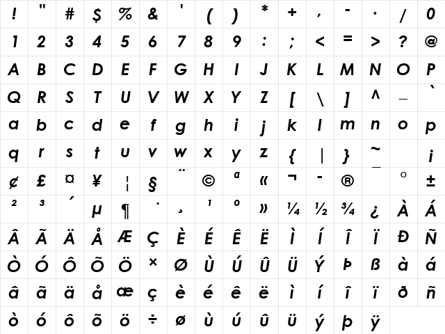 Century Gothic Bold Italic Character Map