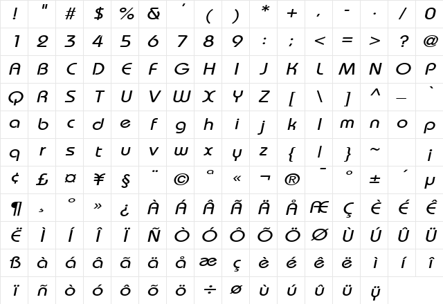 Bimini Wide Italic Character Map Bimini Wide Italic Character Map