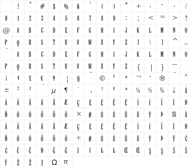 Latin XCn BT Regular Character Map