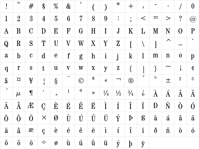 ITC Century Book Condensed Character Map