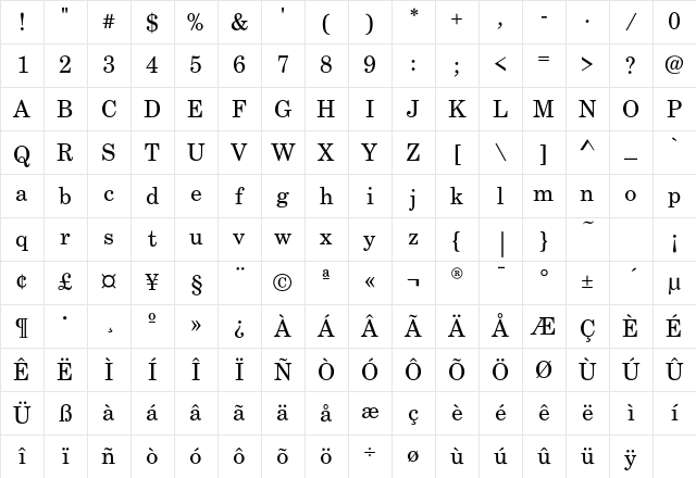 CenturySchoolbookEF Reg Character Map