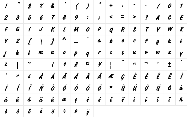 Challenge Bold Std Regular Character Map