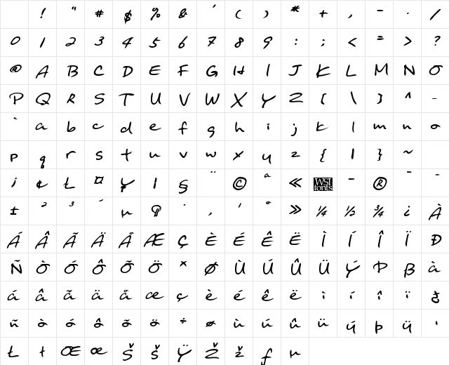 BinghamsHand Bold Italic Character Map