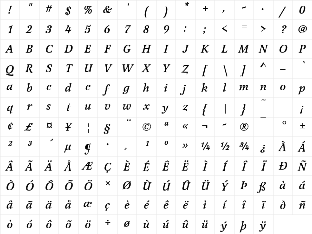LatienneTMed Italic Character Map