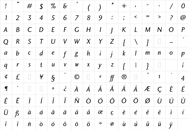 Charlotte Sans Book Italic Plain Character Map
