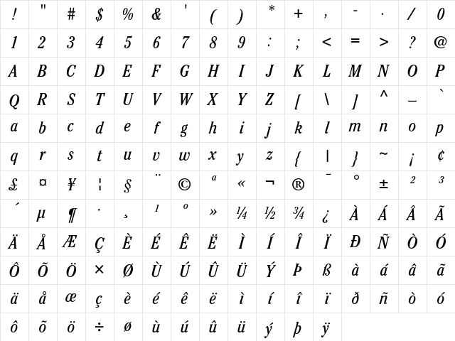 ITC Cheltenham Book Condensed Italic Character Map