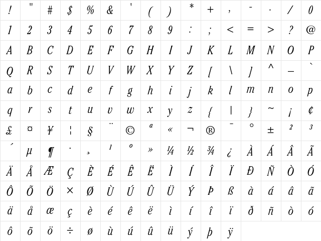 ITC Cheltenham Light Condensed Italic Character Map