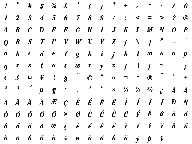 ITC Cheltenham Std Bold Condensed Italic Character Map ITC Cheltenham Std Bold Condensed Italic Character Map