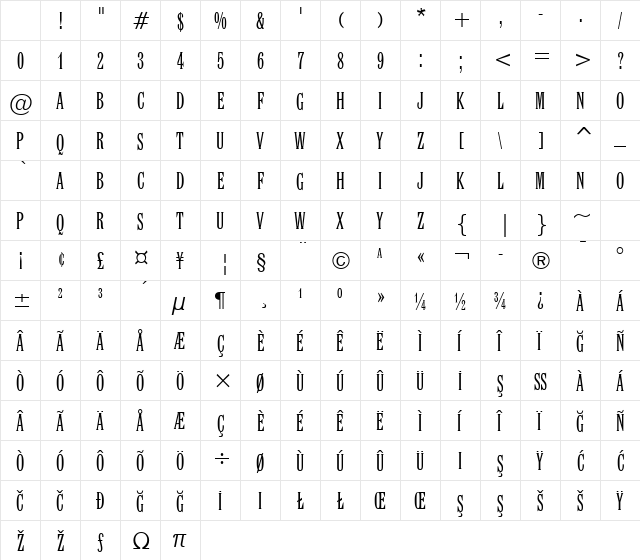 Latin XCn BT Regular Character Map