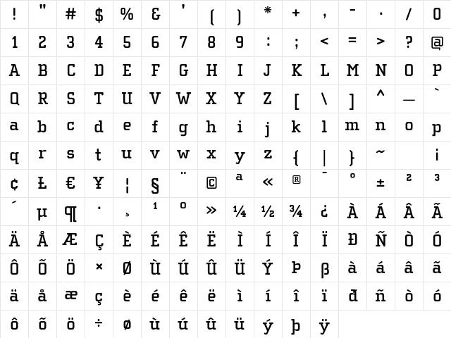 ChollaSlab Bold Character Map