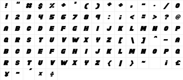 Chunky Funks Italic Character Map