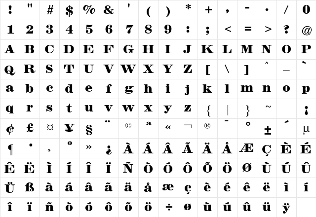 Claire News CG Bold Regular Character Map