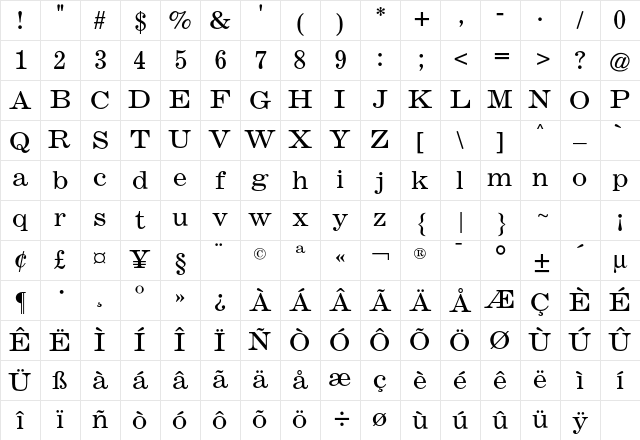 Claire News CG Light Regular Character Map