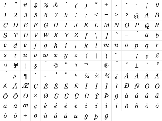 Clarion MT Std Italic Character Map