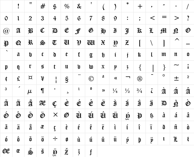 Cloister Black Regular Character Map