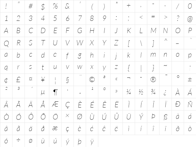 Lato ExtraLight Italic Character Map
