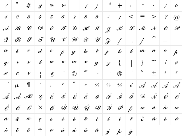 Commercial Script Regular Character Map