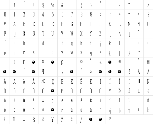 Constructa Thin Character Map
