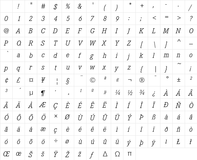 Corporate E Light Italic Character Map Corporate E Light Italic Character Map