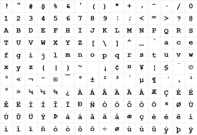 Courier New Bold Character Map