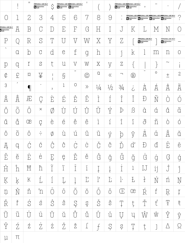 Birdwood Trial Thin Regular Character Map