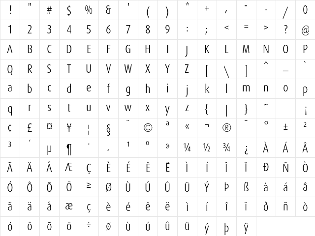DaxCondensed Light Character Map