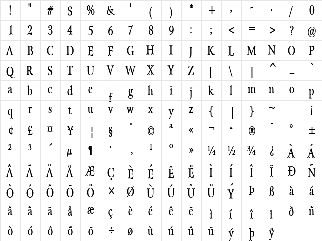 Array Condensed Bold Character Map