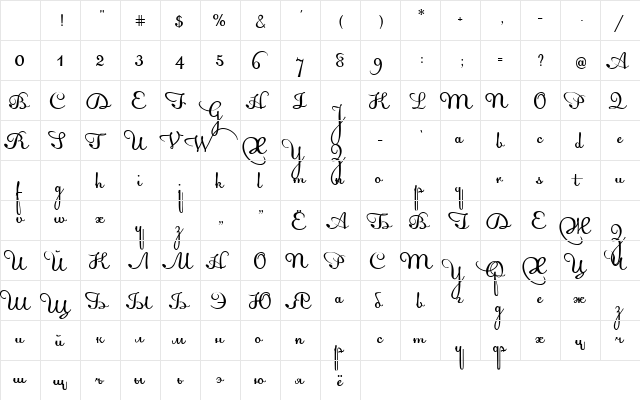 Acquest Script Regular Character Map