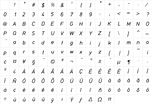 Din16 Italic Character Map