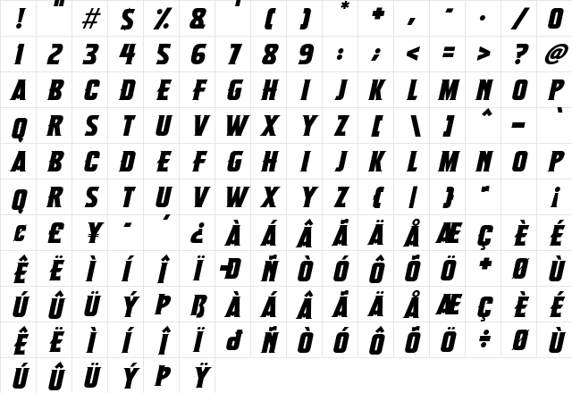 Dragon Slayer Italic Character Map