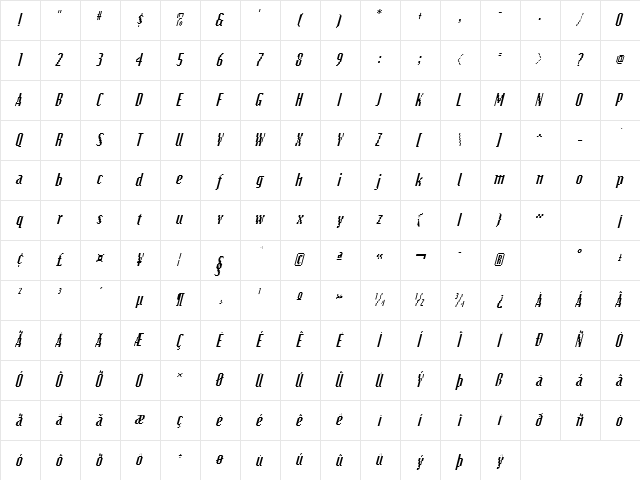 Bits Italic Character Map
