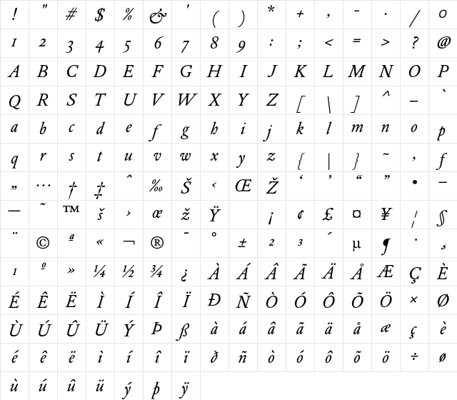 DTLElzevirSTBook Italic Character Map