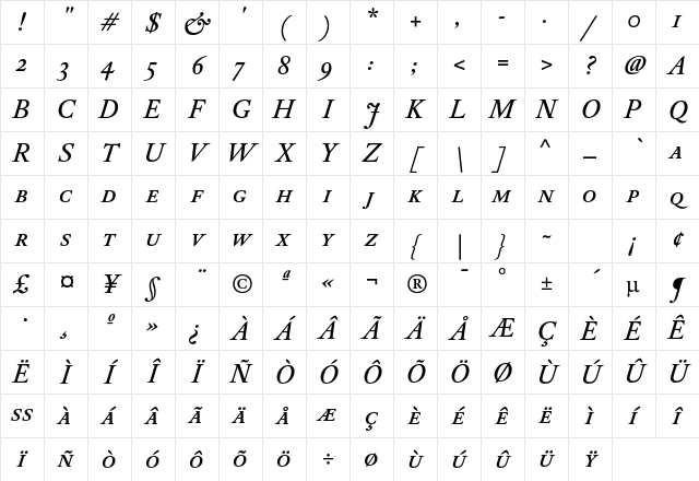 DTL Elzevir T Caps Medium Italic Character Map
