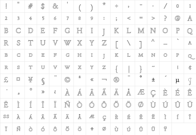 DTL Elzevir T Caps Outline Character Map