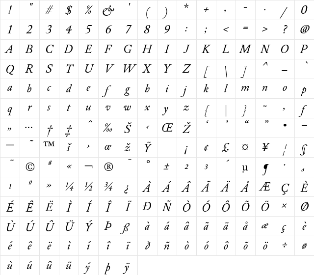 DTLElzevirT Italic Character Map