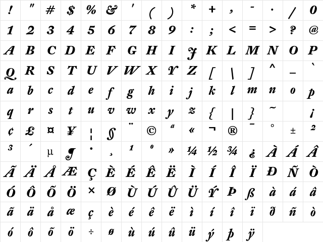 DTL Fleischmann T Bold Italic Character Map DTL Fleischmann T Bold Italic Character Map