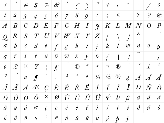 DTLFleischmannSD Italic Character Map