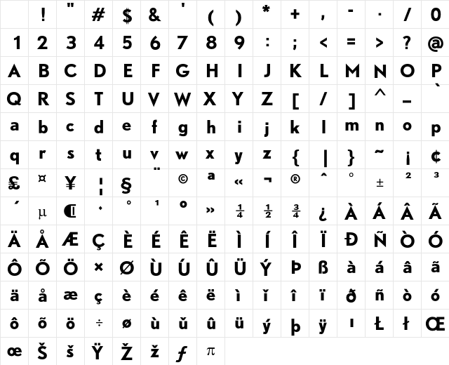 DTL Nobel T Bold Character Map