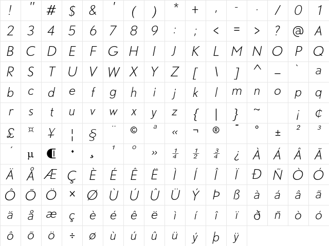 DTL Nobel T Light Italic Character Map