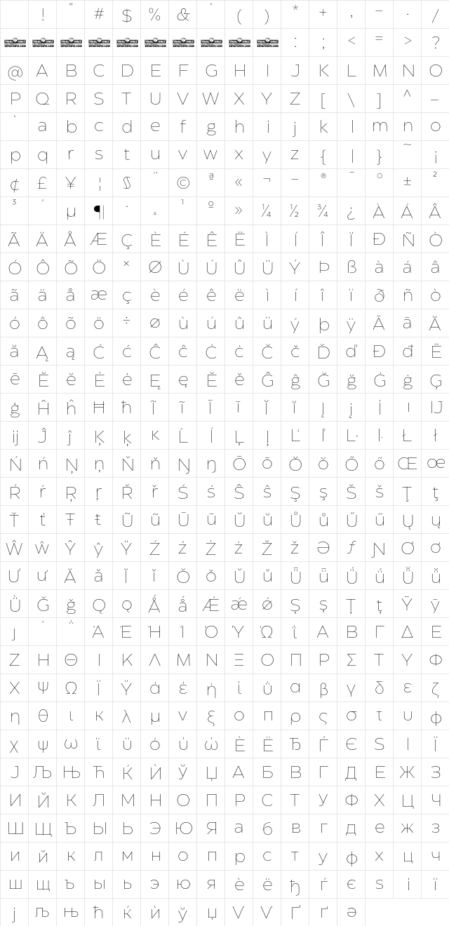 Eastman Roman Trial Extralight Character Map