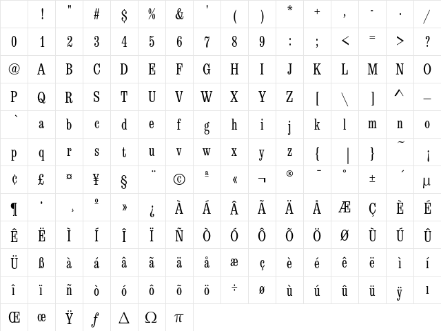 EgizioEF Condensed Character Map