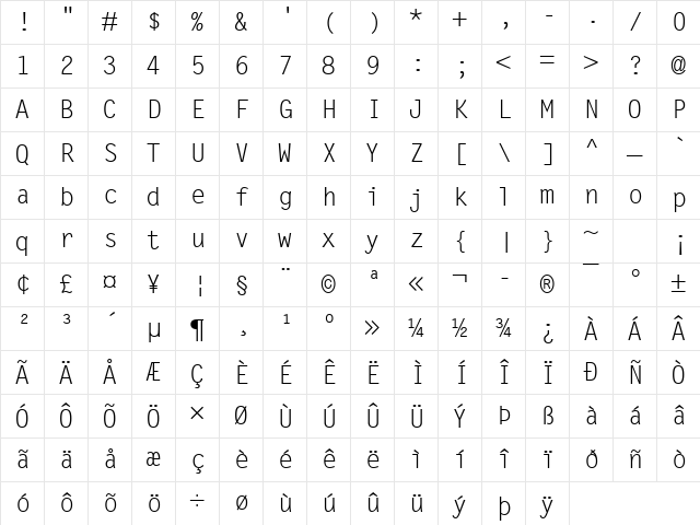 Letter Gothic MT Regular Character Map