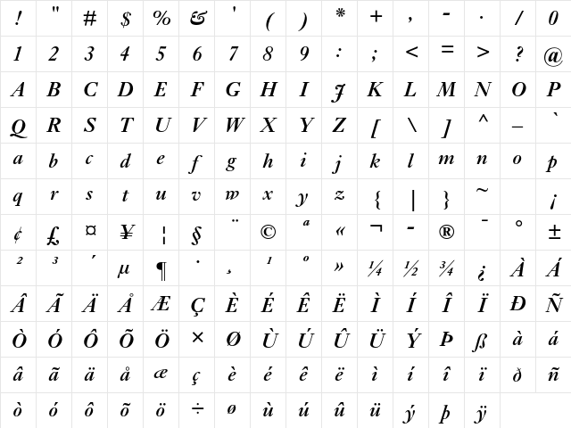 Ehrhardt MT Std Semibold Italic Character Map Ehrhardt MT Std Semibold Italic Character Map