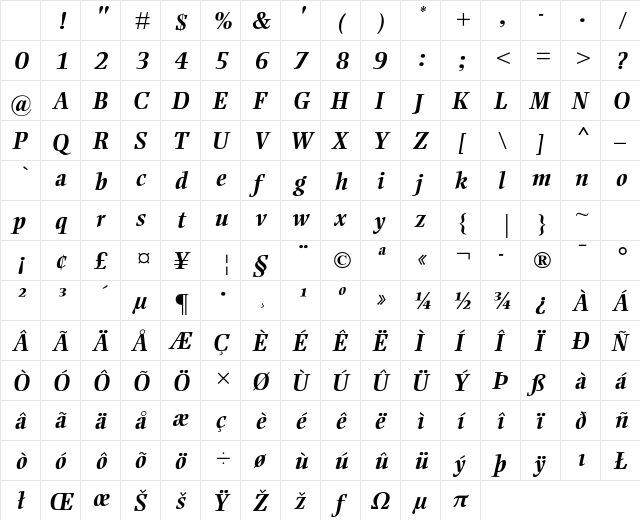 Ellington MT Std Bold Italic Character Map