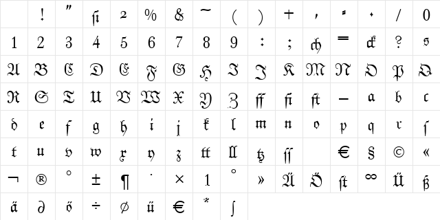 Blackletter-J790 Regular Character Map