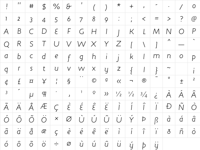 Engine LightItalic Character Map