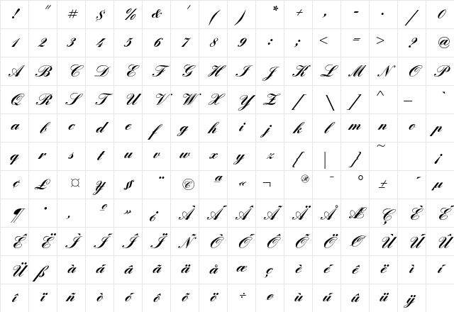 EnglishScriptEF Bold Character Map
