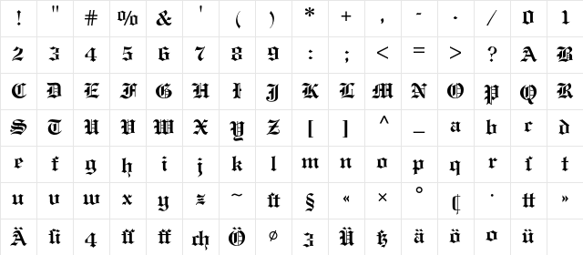 Engravers Old English BQ Regular Character Map