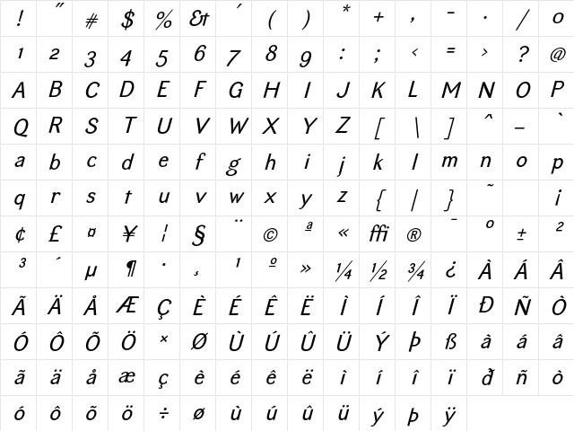 EquipoizeSans RegularItalic Character Map EquipoizeSans RegularItalic Character Map